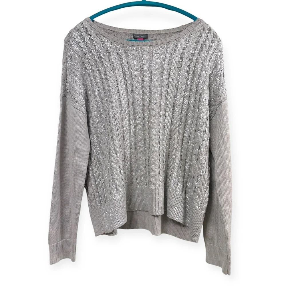 nwt Vince Camuto Metallic Knit Crew Neck Sweater Cable Knit Front Silver Grey